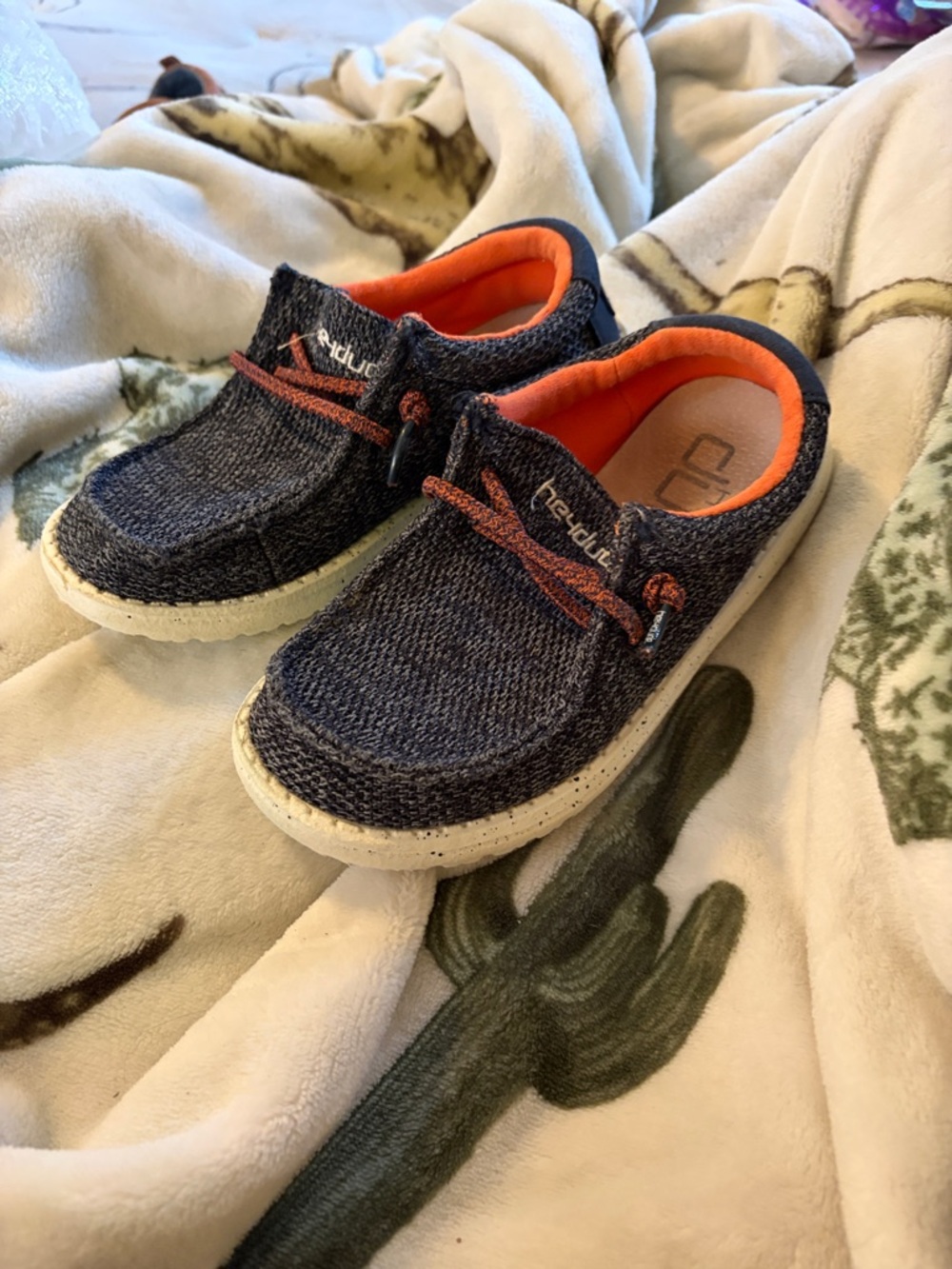 Hey Dude Kids Navy Knit Slip-On Sneakers with Orange Accent